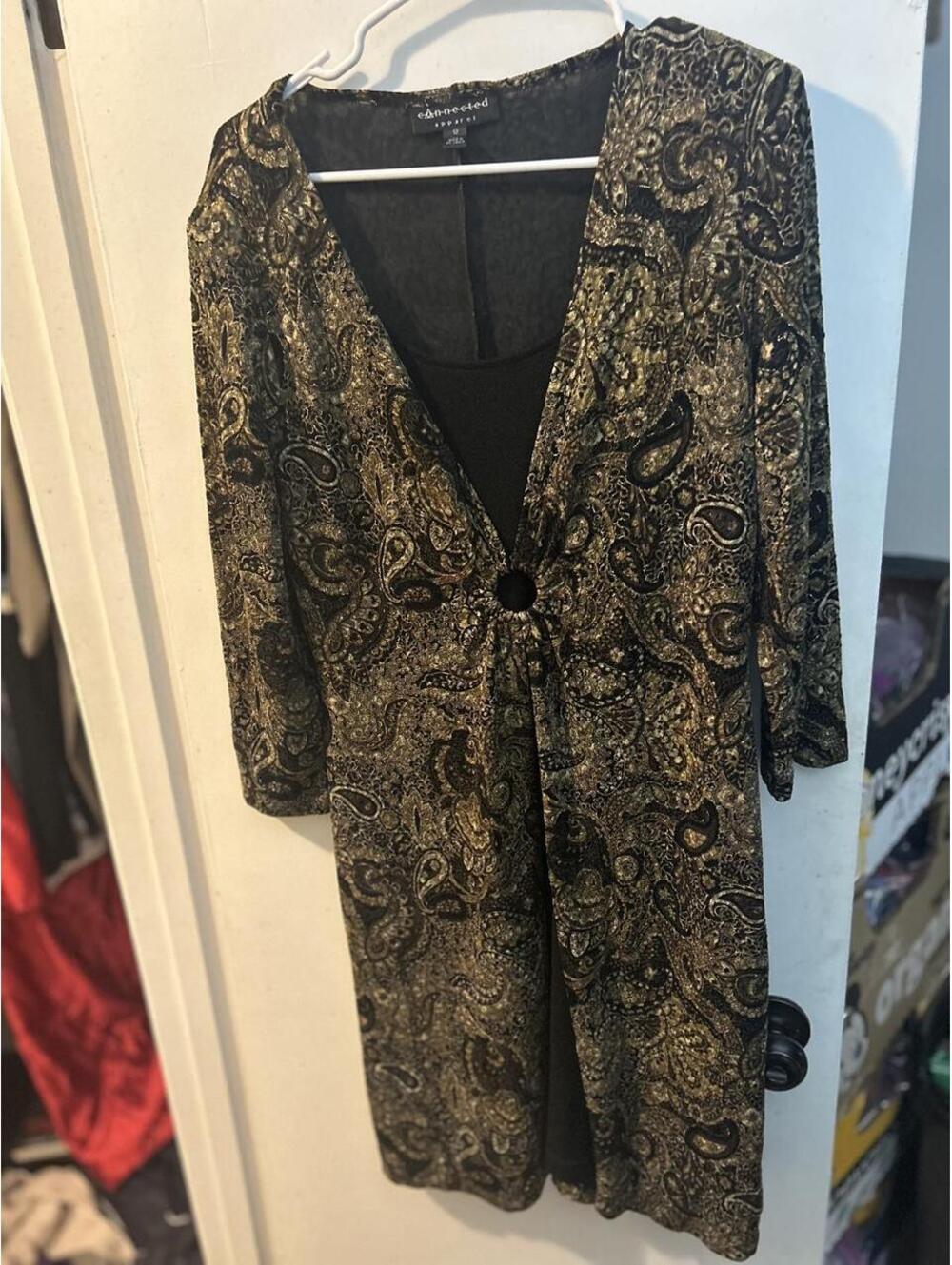 Connected Apparel Black/gold paisley cocktail dress with ring detail size 12
